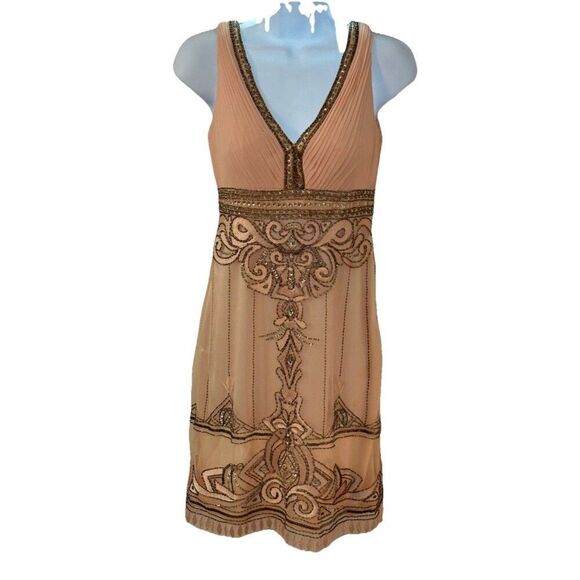 Sue Wong Nocturne Beaded Illusion Mini Dress Size 4 Peach Nude Sequin Showgirl - Picture 2 of 9